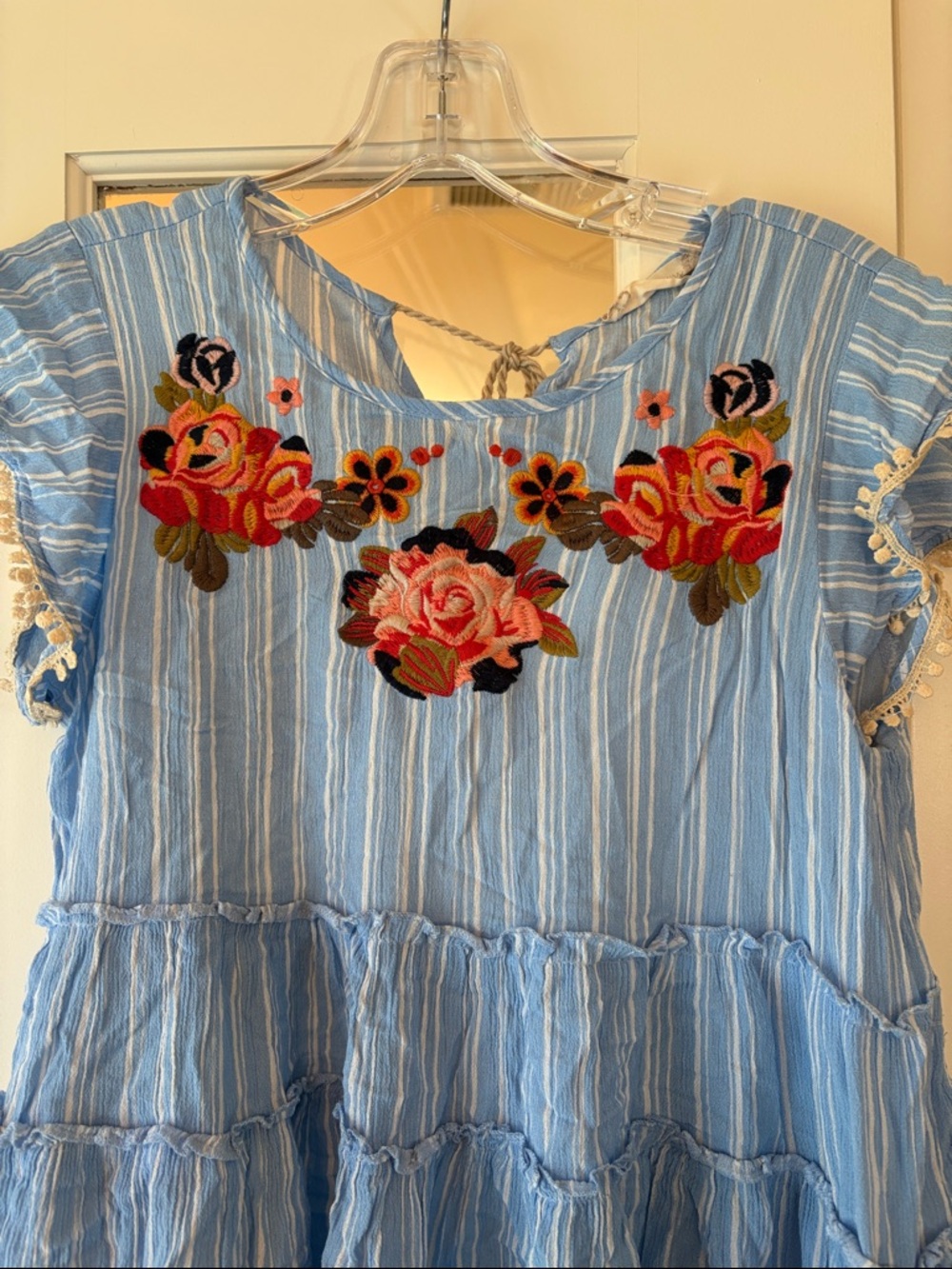 S Alter ‘d State Blue Striped Floral Embroidered Peasant top tie string back